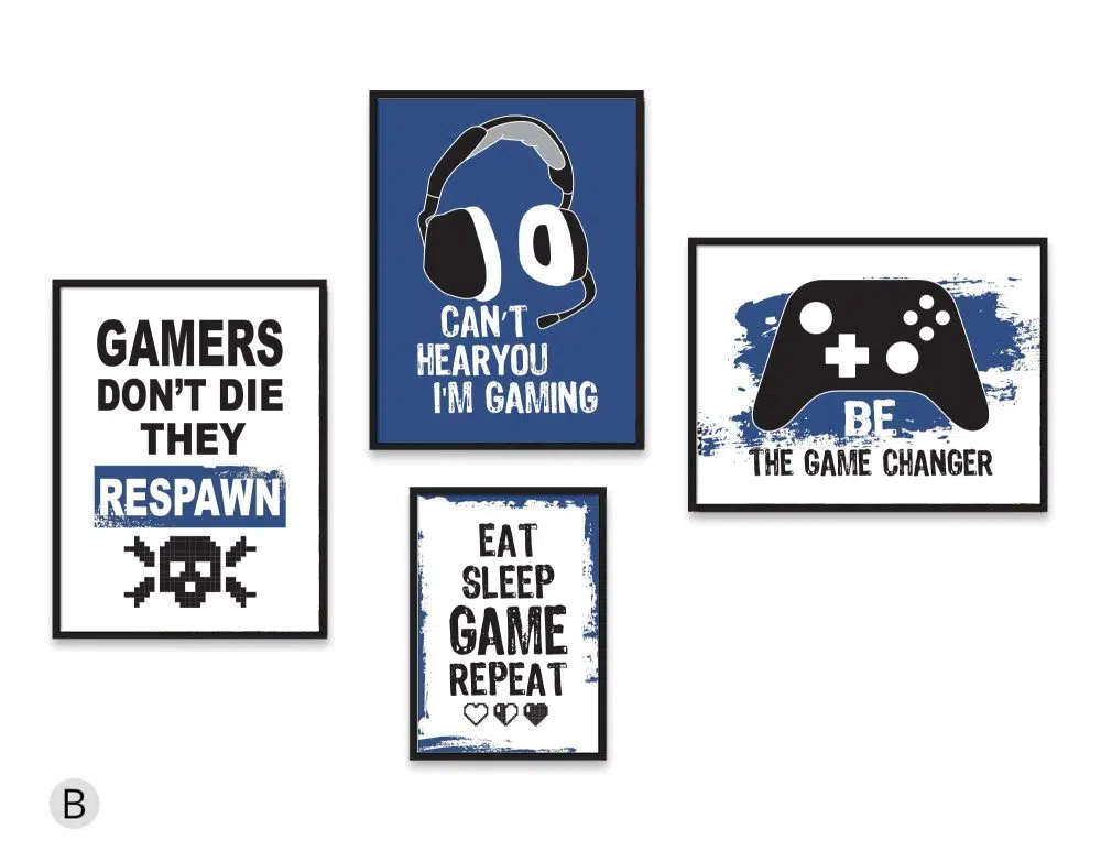 ⁦תמונות חדר גיימינג Gaming Four Blue - ארבעה הדפסי נייר עם או ללא מסגרות בגווני כחול שחור⁩ – תמונה ⁦2⁩
