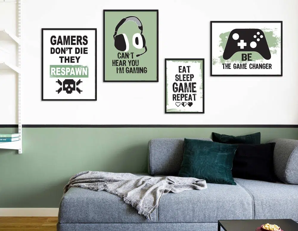 תמונות חדר גיימינג Gaming Four Green - ארבעה הדפסי נייר עם או ללא מסגרות בגווני ירוק שחור