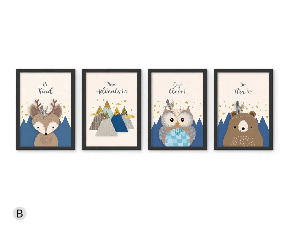 ⁦תמונות לחדר ילדים Woodland Four Blue - ארבעה הדפסי נייר עם או ללא מסגרות בגווני כחול כהה שמנת⁩ – תמונה ⁦3⁩
