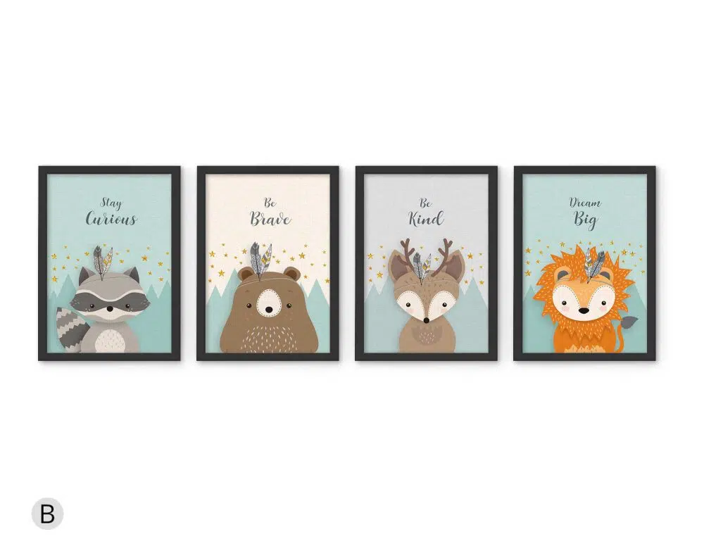 ⁦תמונות לחדר ילדים Woodland Four Mint Lion - ארבעה הדפסי נייר עם או ללא מסגרות בגווני מנטה שמנת אפור כתום⁩ – תמונה ⁦3⁩