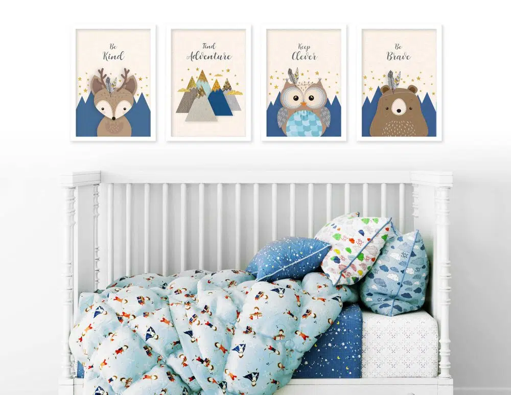 תמונות לחדר ילדים Woodland Four Blue - ארבעה הדפסי נייר עם או ללא מסגרות בגווני כחול כהה שמנת