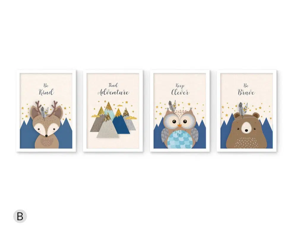 ⁦תמונות לחדר ילדים Woodland Four Blue - ארבעה הדפסי נייר עם או ללא מסגרות בגווני כחול כהה שמנת⁩ – תמונה ⁦2⁩