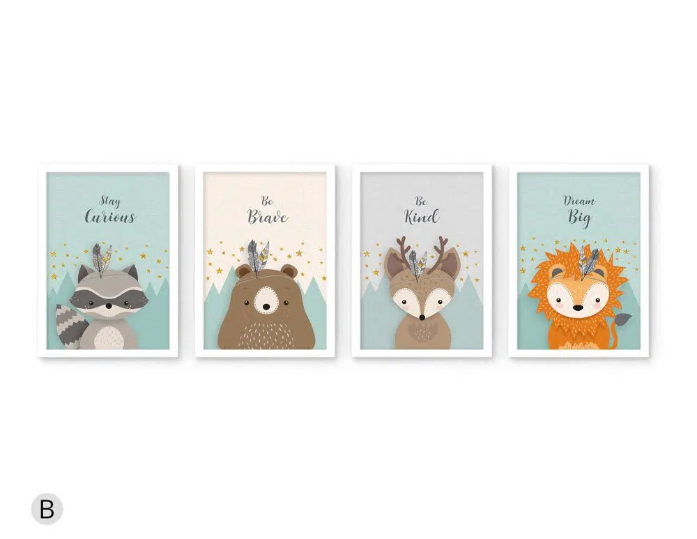 ⁦תמונות לחדר ילדים Woodland Four Mint Lion - ארבעה הדפסי נייר עם או ללא מסגרות בגווני מנטה שמנת אפור כתום⁩ – תמונה ⁦2⁩