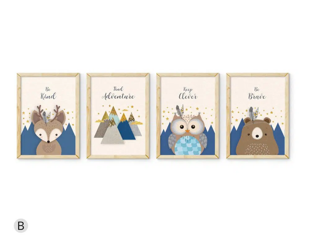 ⁦תמונות לחדר ילדים Woodland Four Blue - ארבעה הדפסי נייר עם או ללא מסגרות בגווני כחול כהה שמנת⁩ – תמונה ⁦4⁩
