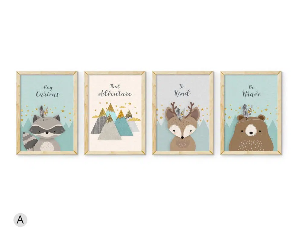 ⁦תמונות לחדר ילדים Woodland Four Mint - ארבעה הדפסי נייר עם או ללא מסגרות בגווני מנטה שמנת אפור⁩ – תמונה ⁦2⁩