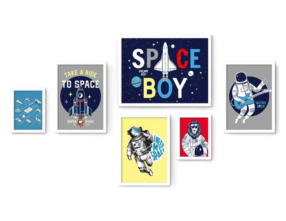 ⁦תמונות לחדר ילדים Space Boy Gallery - שישה הדפסי נייר עם או ללא מסגרות בגווני כחול אפור צהוב אדום⁩ – תמונה ⁦2⁩