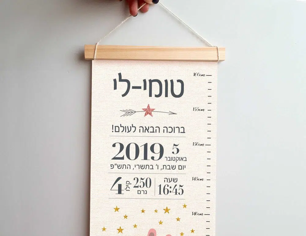 ⁦מתנת לידה Woodland Canvas Growth Chart Baby Details Pink Mint - מד גובה בשילוב תעודת לידה על קנבס עם מסגרת עץ בגווני ורוד מנטה שמנת⁩ – תמונה ⁦2⁩