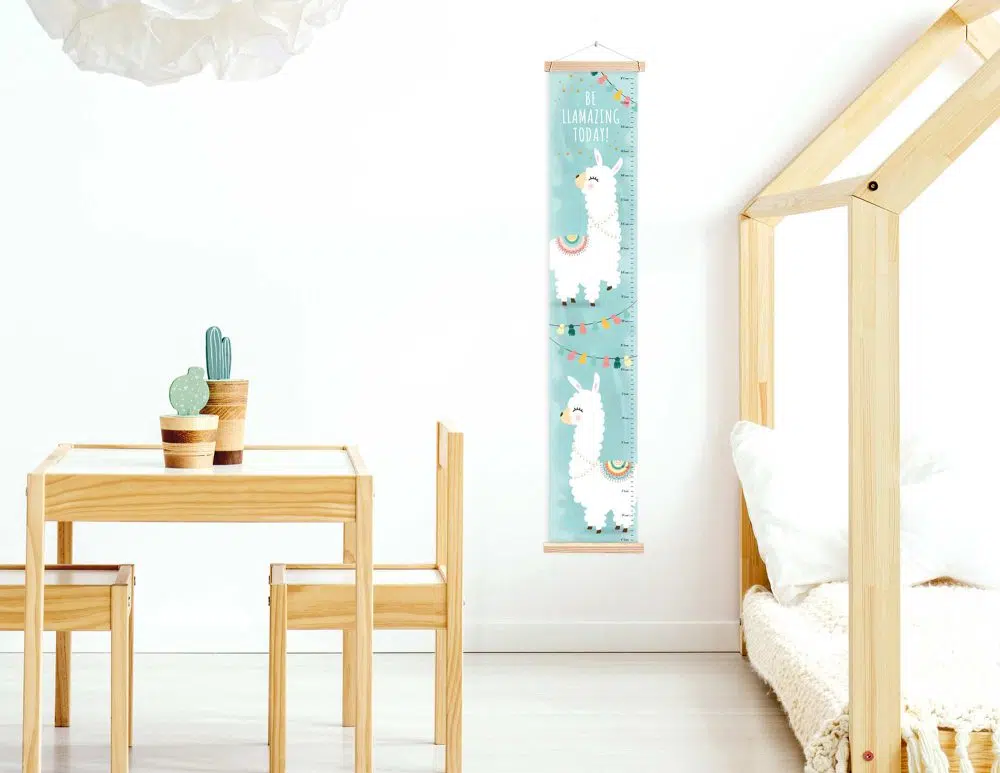 מד גובה לילדים Llamas Canvas Growth Chart Mint - מודפס על קנבס עם מסגרת עץ בגווני מנטה עם נגיעות ורוד זהב