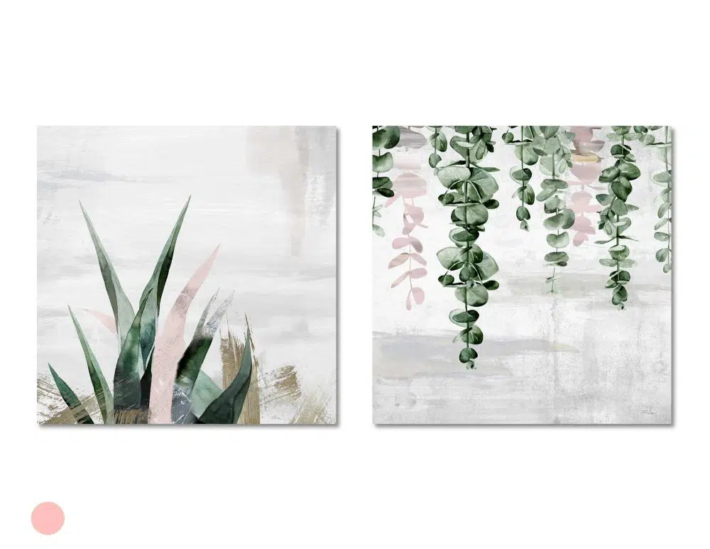 ⁦תמונות לבית Fallen Leaves Growth Pink - שני הדפסי נייר ללא מסגרת בפורמט ריבועי בגווני ירוק אפור עם נגיעות ורוד וברונזה⁩ – תמונה ⁦4⁩