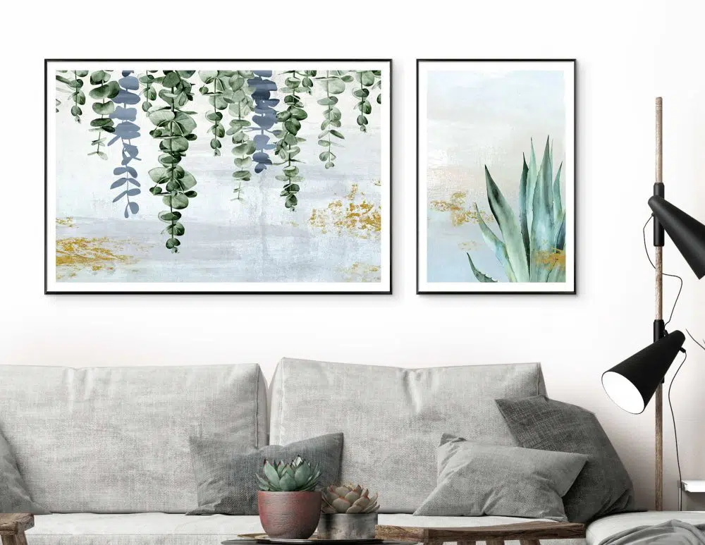 ⁦תמונות קנבס Fallen Leaves Nature Duo Blue - שני הדפסי קנבס ממוסגרים בפורמט מלבני אורכי ורוחבי בגווני כחול ירוק עם נגיעות זהב⁩ – תמונה ⁦2⁩