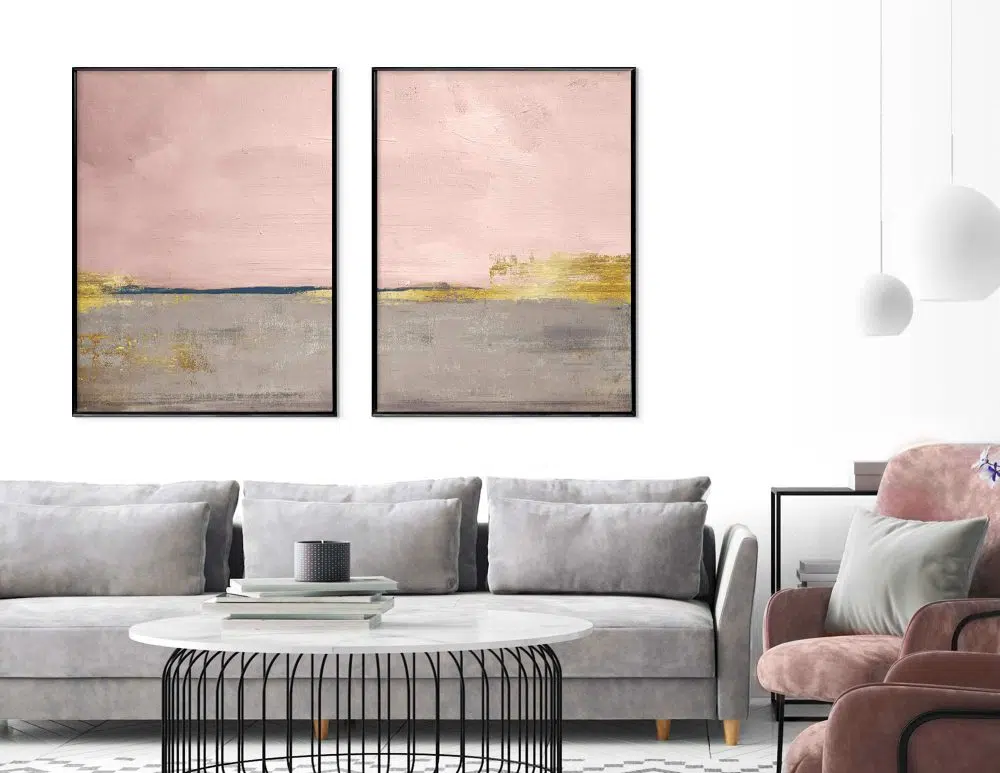 ⁦תמונות לבית Horizon Duo Pink - שני הדפסי נייר ללא מסגרת בפורמט מלבני בגווני ורוד אפור עם נגיעות כחול כהה וזהב⁩ – תמונה ⁦2⁩