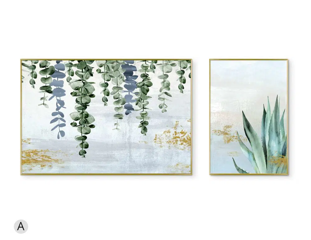 ⁦תמונות לבית Fallen Leaves Nature Duo Blue - שני הדפסי נייר ממוסגרים בפורמט מלבני אורכי ורוחבי בגווני כחול ירוק עם נגיעות זהב⁩ – תמונה ⁦4⁩