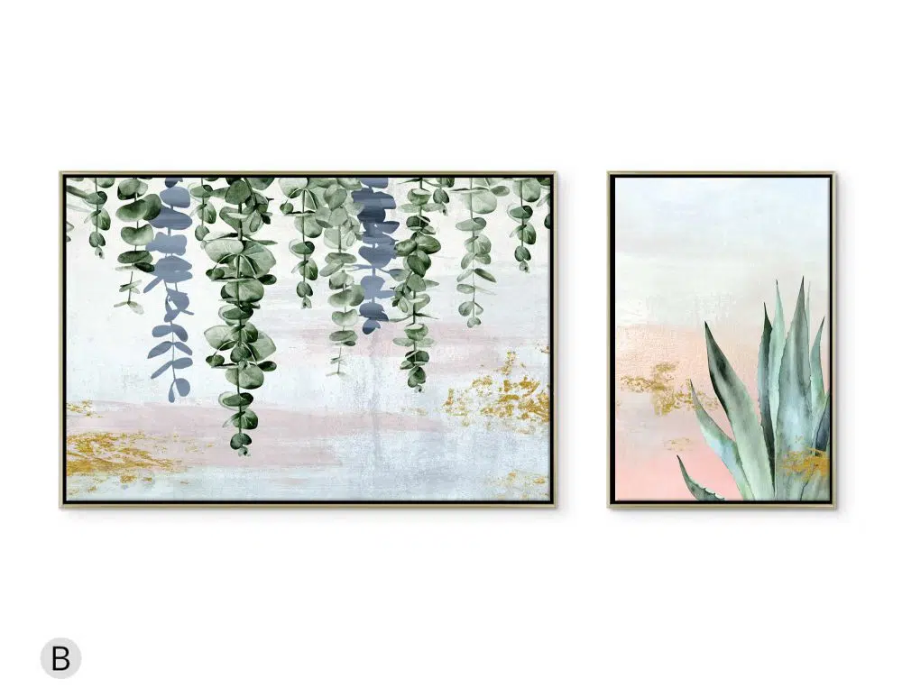 ⁦תמונות קנבס Fallen Leaves Nature Duo Pink - שני הדפסי קנבס ממוסגרים בפורמט מלבני אורכי ורוחבי בגווני ורוד כחול ירוק עם נגיעות זהב⁩ – תמונה ⁦4⁩