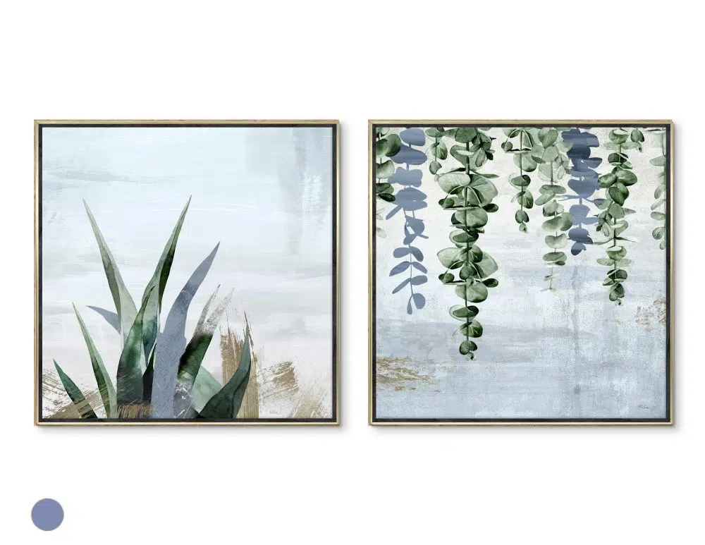 ⁦תמונות קנבס Fallen Leaves Growth Blue - שני הדפסי קנבס ממוסגרים בפורמט ריבועי בגווני כחול ירוק עם נגיעות ברונזה⁩ – תמונה ⁦4⁩