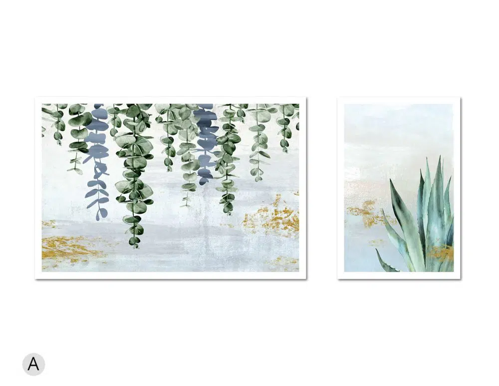 ⁦תמונות לבית Fallen Leaves Nature Duo Blue - שני הדפסי נייר ללא מסגרת בפורמט מלבני אורכי ורוחבי בגווני כחול ירוק עם נגיעות זהב⁩ – תמונה ⁦5⁩