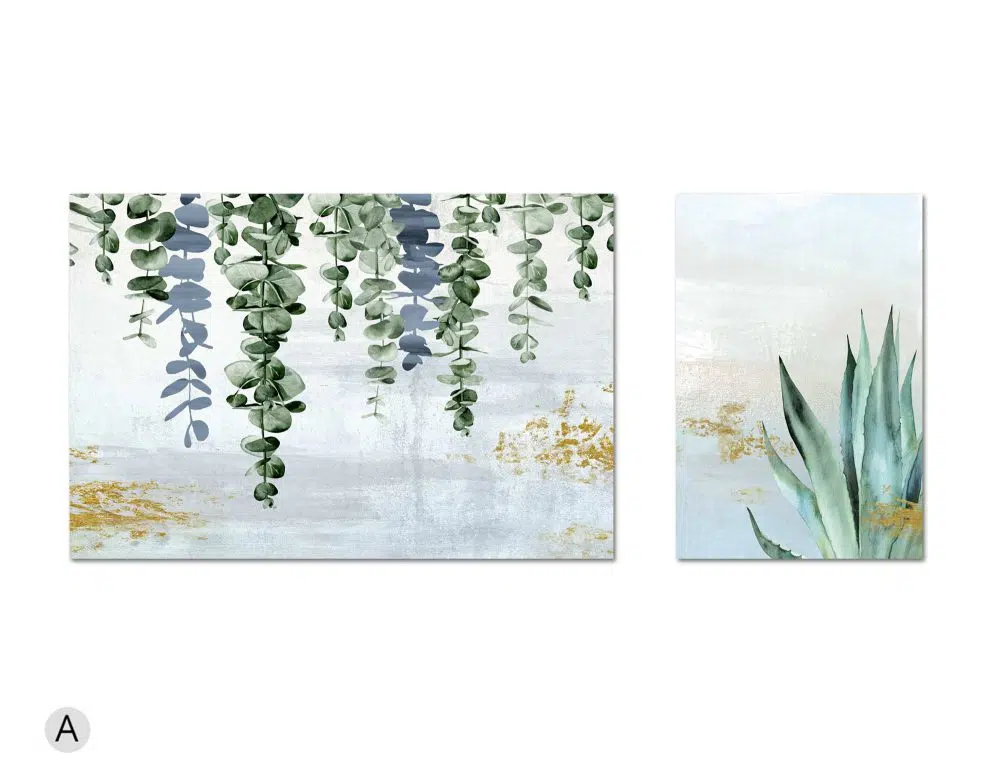 ⁦תמונות לבית Fallen Leaves Nature Duo Blue - שני הדפסי נייר ללא מסגרת בפורמט מלבני אורכי ורוחבי בגווני כחול ירוק עם נגיעות זהב⁩ – תמונה ⁦4⁩