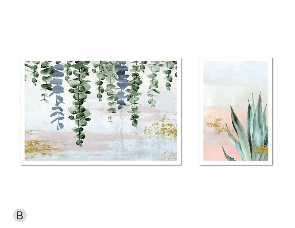 ⁦תמונות לבית Fallen Leaves Nature Duo Pink - שני הדפסי נייר ללא מסגרת בפורמט מלבני אורכי ורוחבי בגווני ורוד כחול ירוק עם נגיעות זהב⁩ – תמונה ⁦5⁩