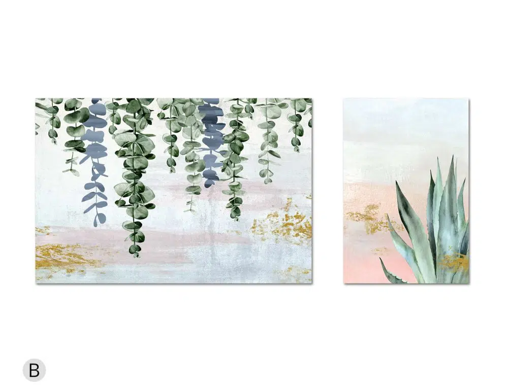 ⁦תמונות לבית Fallen Leaves Nature Duo Pink - שני הדפסי נייר ללא מסגרת בפורמט מלבני אורכי ורוחבי בגווני ורוד כחול ירוק עם נגיעות זהב⁩ – תמונה ⁦4⁩