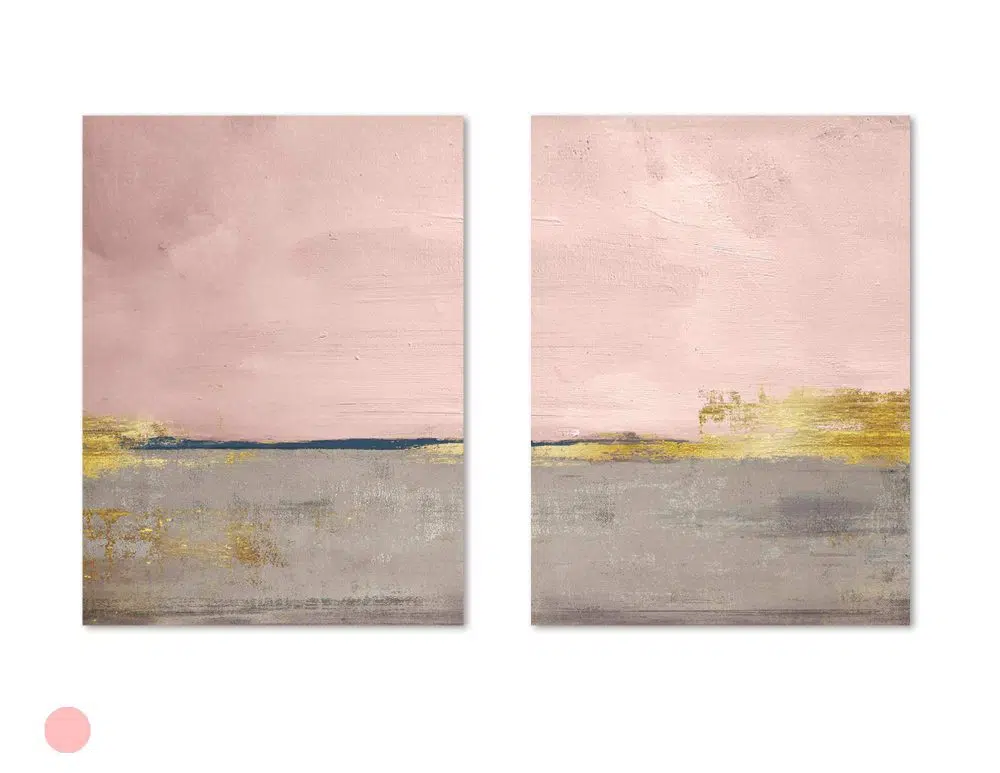 ⁦תמונות לבית Horizon Duo Pink - שני הדפסי נייר ללא מסגרת בפורמט מלבני בגווני ורוד אפור עם נגיעות כחול כהה וזהב⁩ – תמונה ⁦5⁩