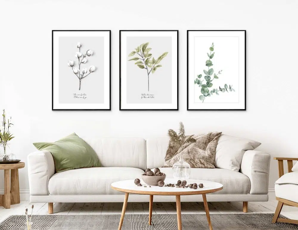 ⁦תמונות לסלון Peaceful Moment Trio - שלושה הדפסי נייר ללא מסגרת בפורמט מלבני בגווני ירוק לבן אפור⁩ – תמונה ⁦4⁩