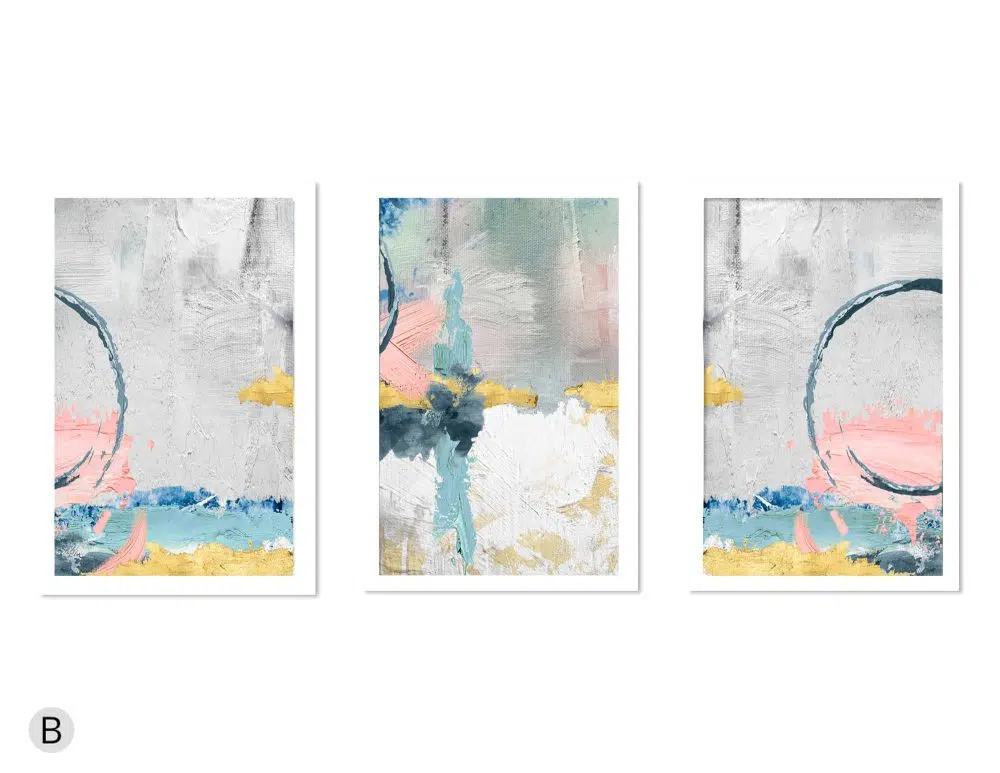 ⁦תמונות לבית Emotional Circle Trio Pink - שלושה הדפסי נייר ללא מסגרת בפורמט מלבני בגווני ורוד טורקיז אפור עם נגיעות זהב⁩ – תמונה ⁦6⁩