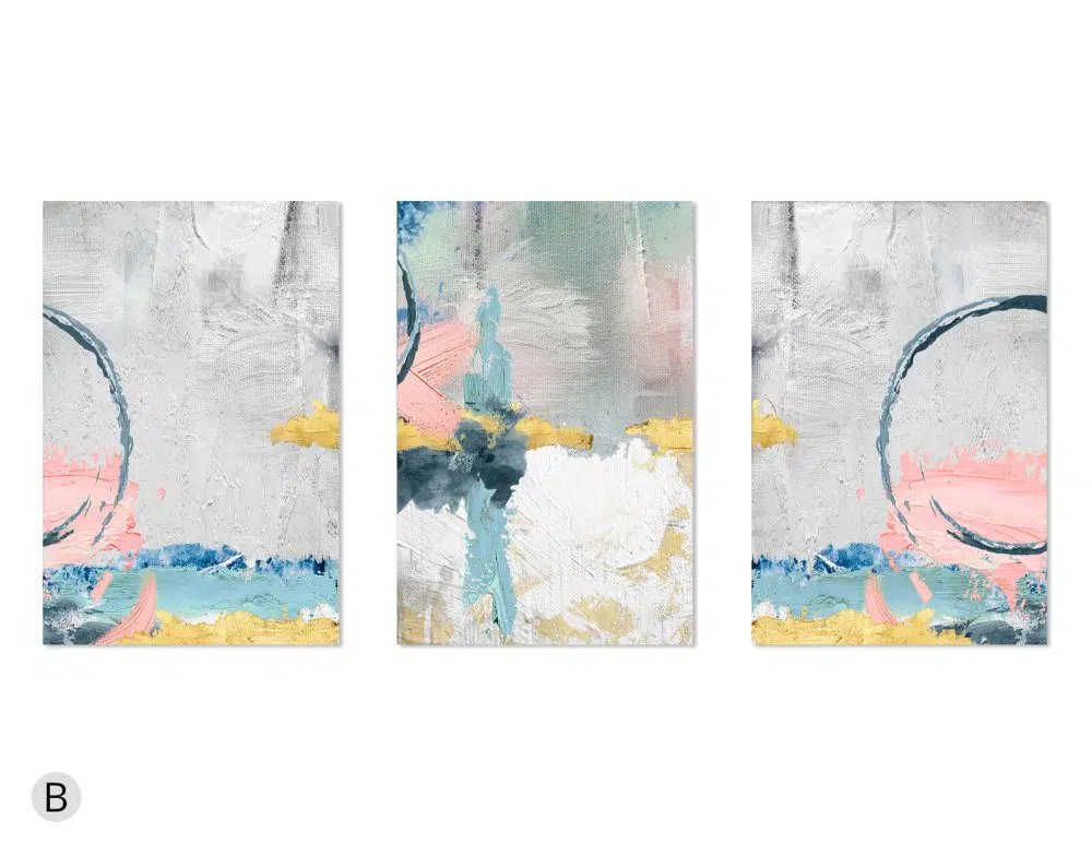 ⁦תמונות לבית Emotional Circle Trio Pink - שלושה הדפסי נייר ללא מסגרת בפורמט מלבני בגווני ורוד טורקיז אפור עם נגיעות זהב⁩ – תמונה ⁦5⁩