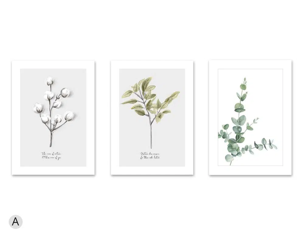 ⁦תמונות לסלון Peaceful Moment Trio - שלושה הדפסי נייר ללא מסגרת בפורמט מלבני בגווני ירוק לבן אפור⁩ – תמונה ⁦6⁩