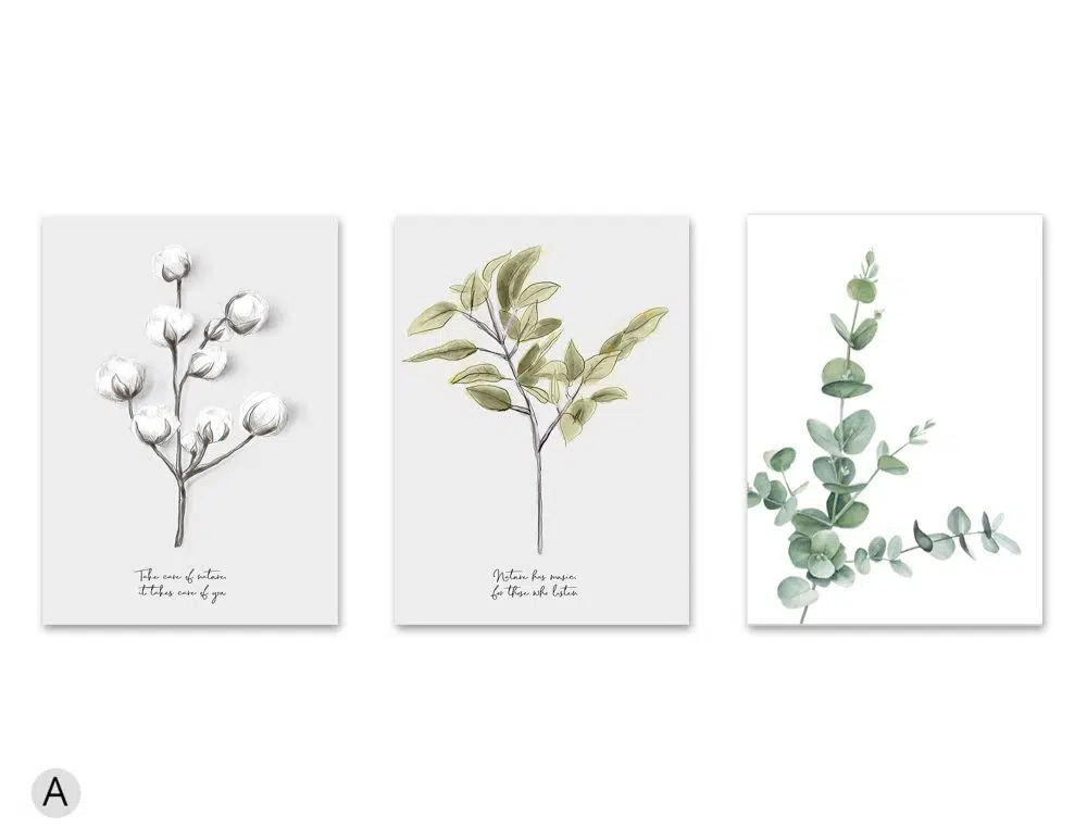 ⁦תמונות לסלון Peaceful Moment Trio - שלושה הדפסי נייר ללא מסגרת בפורמט מלבני בגווני ירוק לבן אפור⁩ – תמונה ⁦5⁩