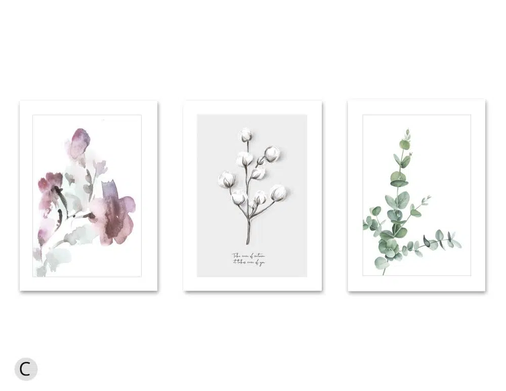 ⁦תמונות לחדר שינה Peaceful Bloom Trio - שלושה הדפסי נייר ללא מסגרת בפורמט מלבני בגווני ירוק לילך לבן אפור⁩ – תמונה ⁦6⁩