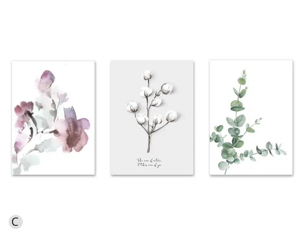 ⁦תמונות לחדר שינה Peaceful Bloom Trio - שלושה הדפסי נייר ללא מסגרת בפורמט מלבני בגווני ירוק לילך לבן אפור⁩ – תמונה ⁦5⁩