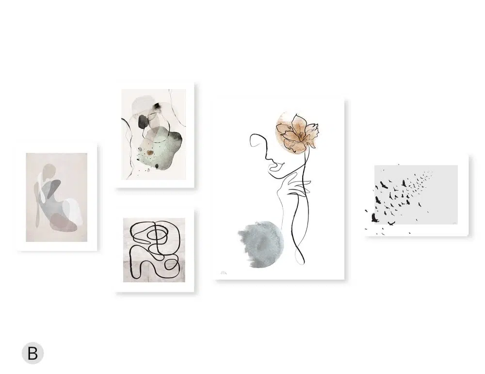 ⁦קולאז׳ תמונות Delicate Mood Gallery - חמישה הדפסי נייר ללא מסגרת בפורמט אורכי רוחבי וריבועי בגווני שחור לבן עם נגיעות בז׳ כחול ירוק⁩ – תמונה ⁦5⁩