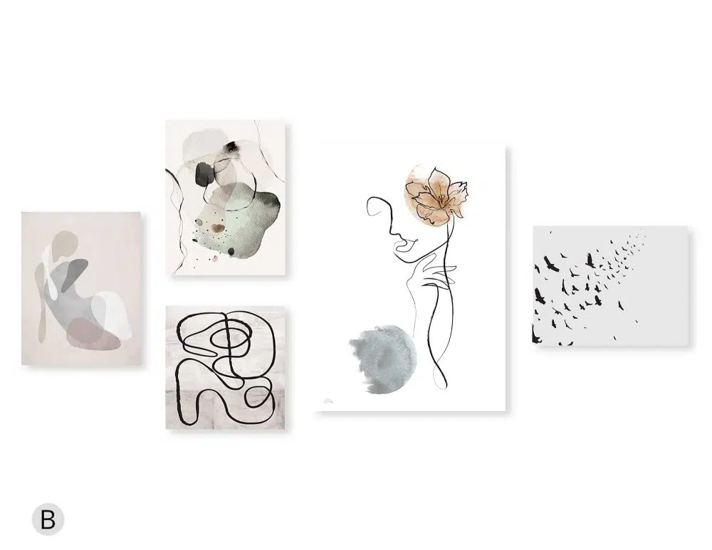 ⁦קולאז׳ תמונות Delicate Mood Gallery - חמישה הדפסי נייר ללא מסגרת בפורמט אורכי רוחבי וריבועי בגווני שחור לבן עם נגיעות בז׳ כחול ירוק⁩ – תמונה ⁦4⁩
