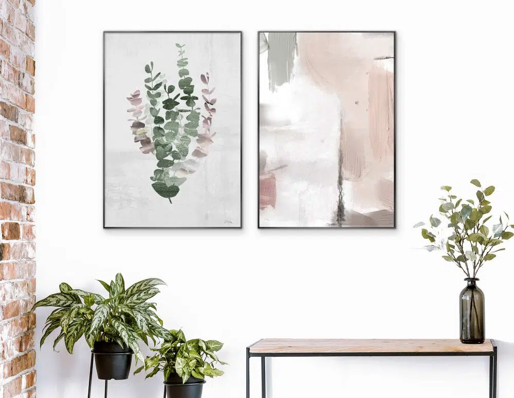 ⁦תמונות קנבס Blossom Abstraction Duo - שני הדפסי קנבס ממוסגרים בפורמט מלבני בגווני ורוד ירוק אפור⁩ – תמונה ⁦4⁩