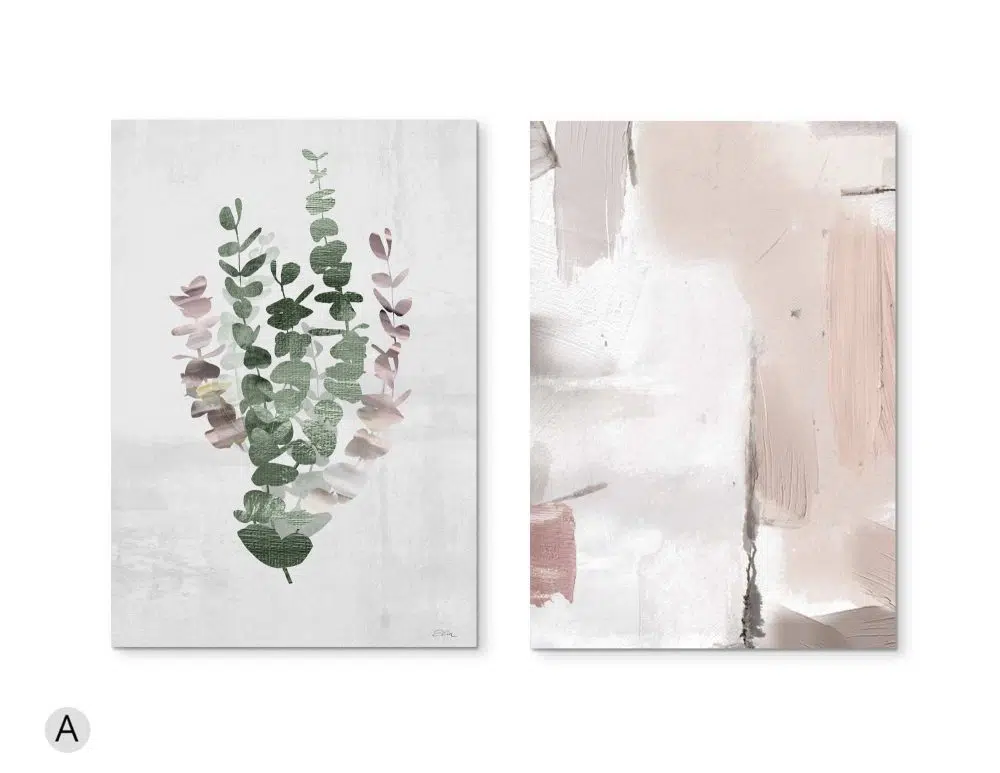 ⁦תמונות לחדר שינה Blossom Abstraction Duo - שני הדפסי נייר ללא מסגרת בפורמט מלבני בגווני ורוד ירוק אפור⁩ – תמונה ⁦5⁩