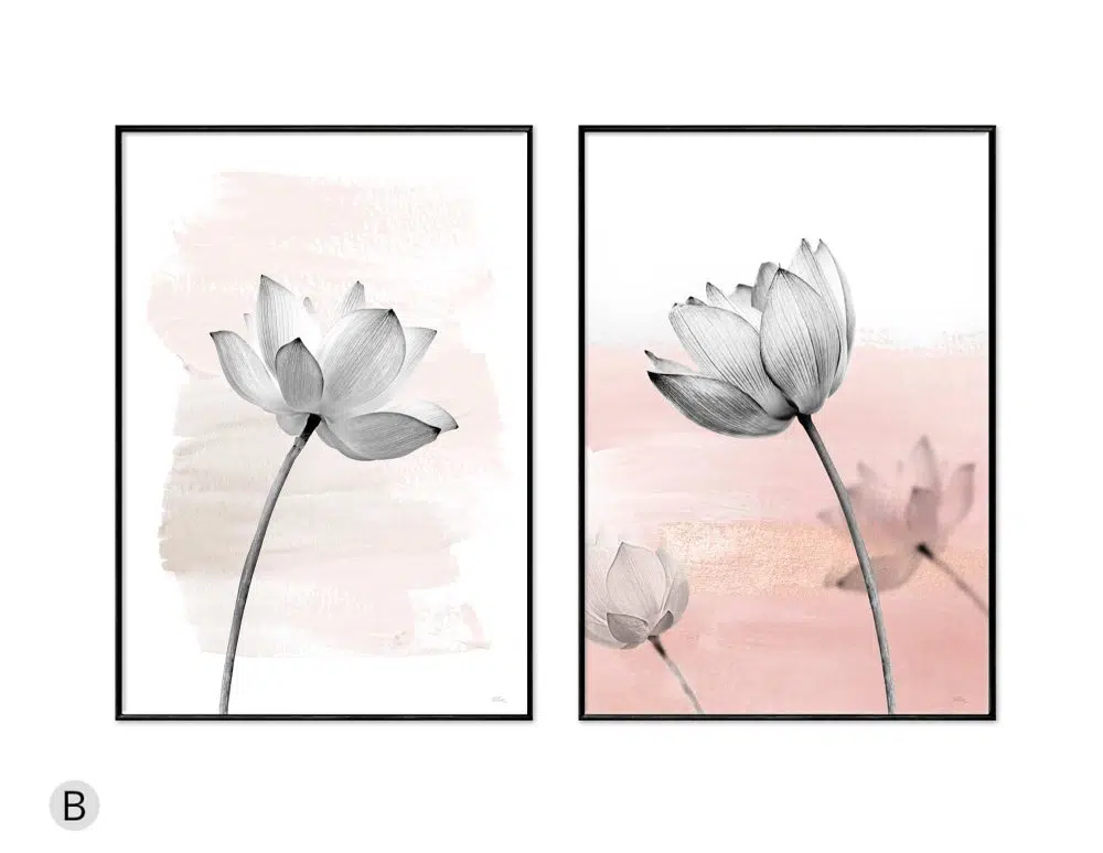 ⁦תמונות לבית Lotus Blossom Pink Duo - שני הדפסי קנבס ממוסגרים בפורמט מלבני בגווני ורוד בהיר לבן⁩ – תמונה ⁦4⁩