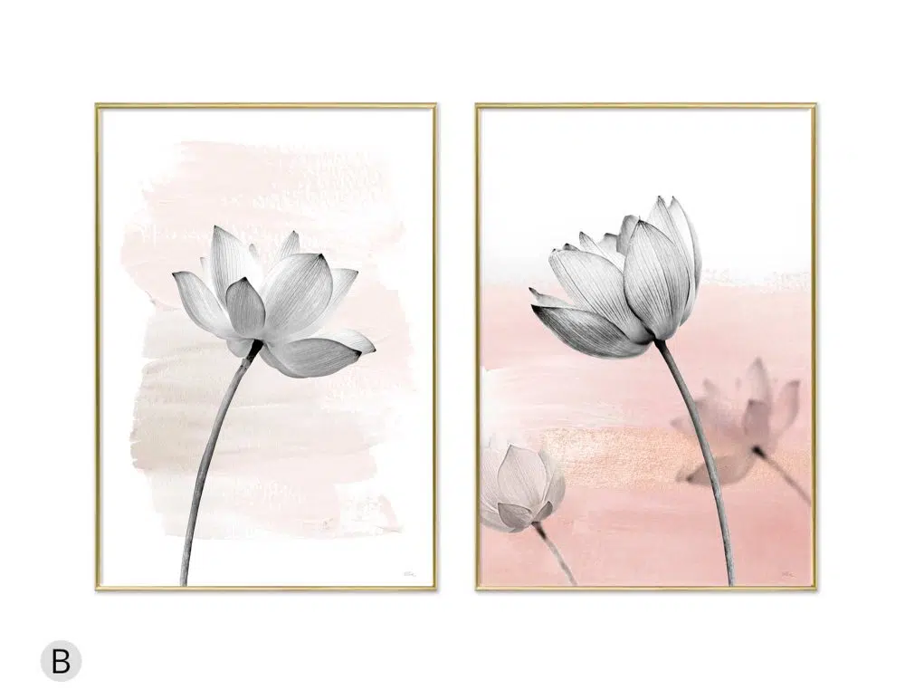 ⁦תמונות לבית Lotus Blossom Pink Duo - שני הדפסי קנבס ממוסגרים בפורמט מלבני בגווני ורוד בהיר לבן⁩ – תמונה ⁦5⁩