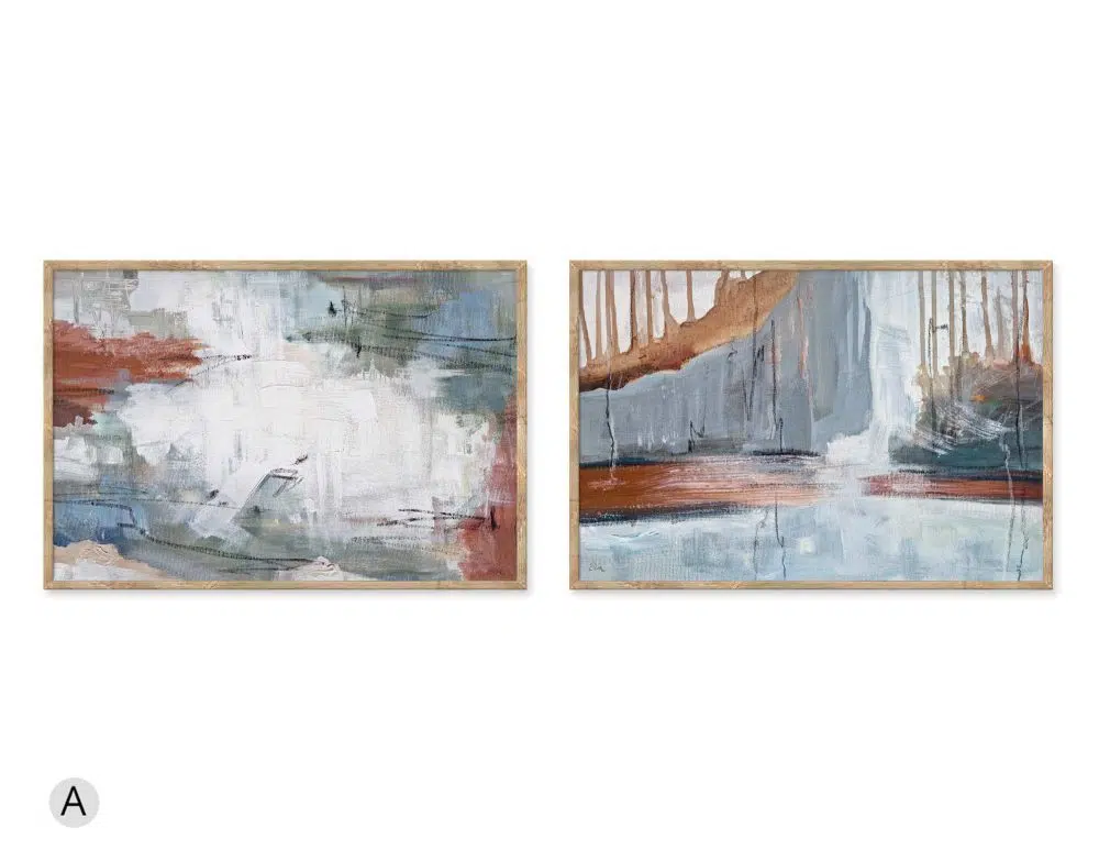 ⁦תמונות לסלון Landscape In Grey Duo - שני הדפסי נייר ממוסגרים בפורמט מלבני רוחבי בגווני אפור לבן עם נגיעות בז׳ חמרה וכחול⁩ – תמונה ⁦4⁩