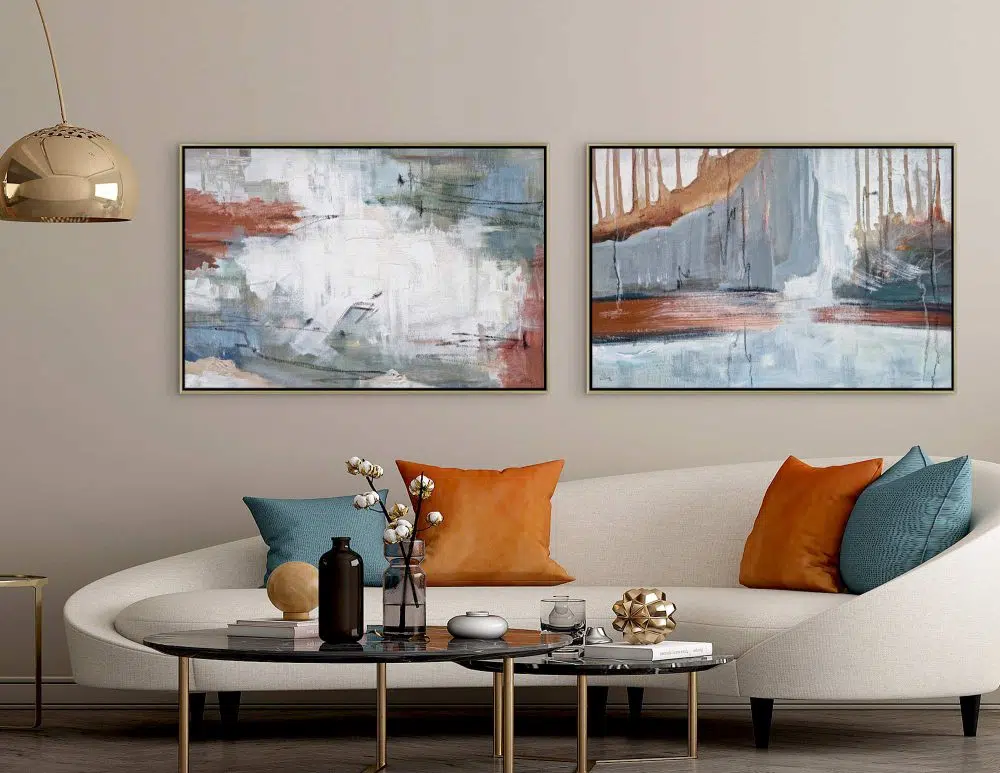 ⁦תמונות לסלון Landscape In Grey Duo - שני הדפסי נייר ללא מסגרת בפורמט מלבני רוחבי בגווני אפור לבן עם נגיעות בז׳ חמרה וכחול⁩ – תמונה ⁦3⁩