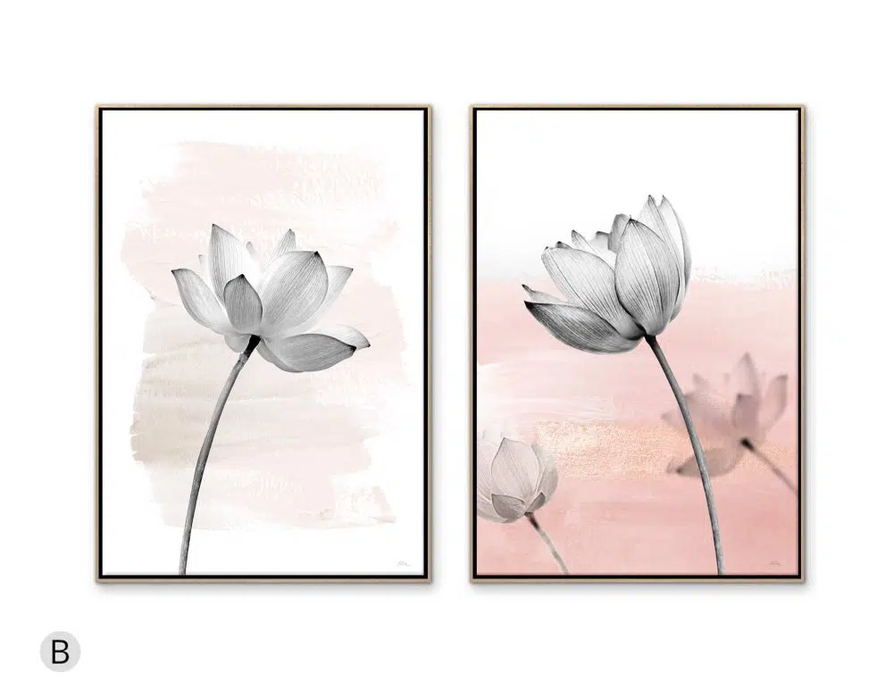 ⁦תמונות לבית Lotus Blossom Pink Duo - שני הדפסי קנבס ממוסגרים בפורמט מלבני בגווני ורוד בהיר לבן⁩ – תמונה ⁦3⁩