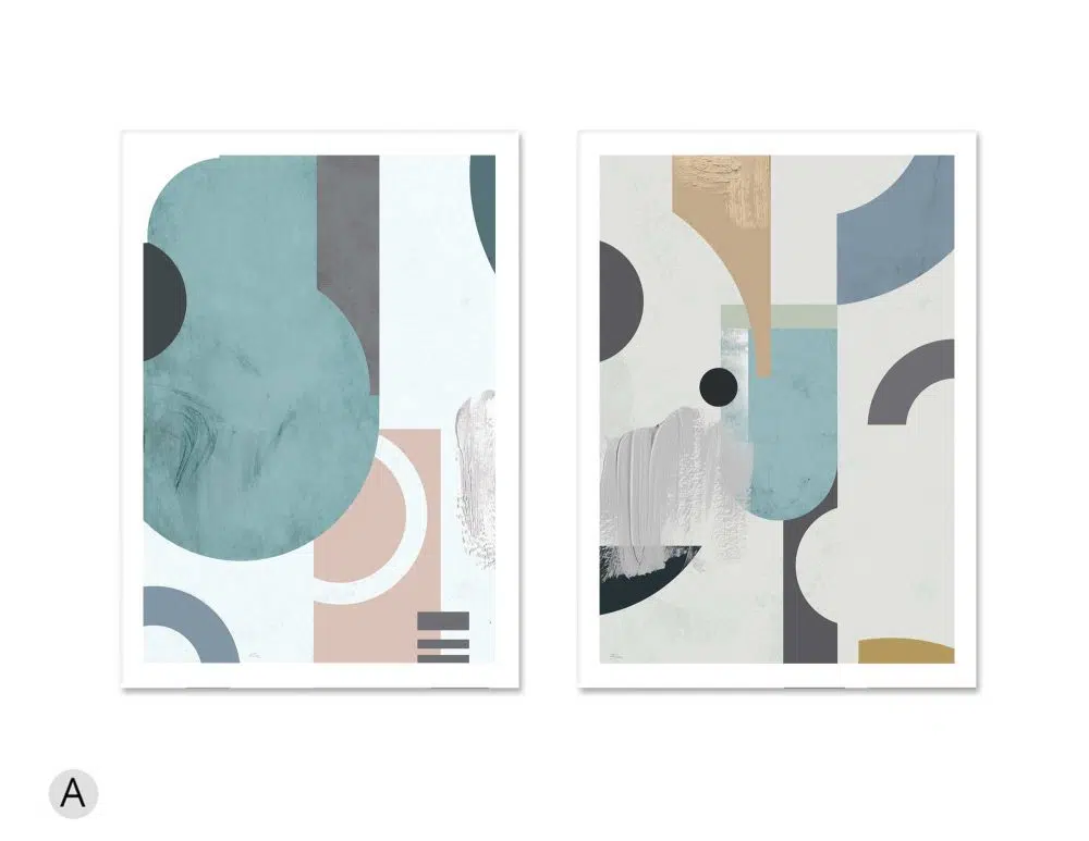 ⁦תמונות לחדר שינה Playful Shapes Duo - שני הדפסי נייר ללא מסגרת בפורמט מלבני בגווני ורוד טורקיז חרדל⁩ – תמונה ⁦6⁩