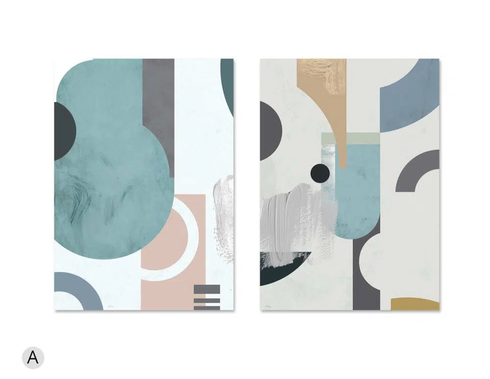 ⁦תמונות לחדר שינה Playful Shapes Duo - שני הדפסי נייר ללא מסגרת בפורמט מלבני בגווני ורוד טורקיז חרדל⁩ – תמונה ⁦5⁩