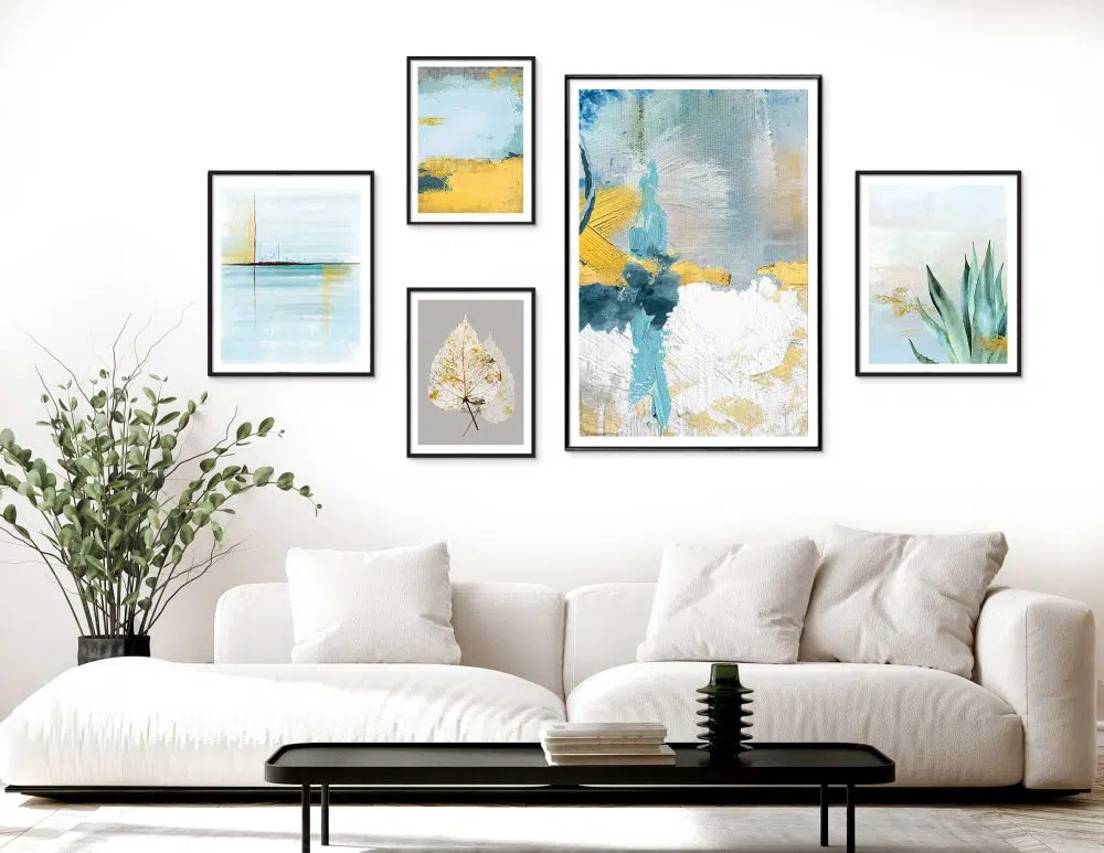 קולאז׳ תמונות Blue Yellow Gallery - חמישה הדפסי נייר ללא מסגרת בפורמט מלבני בגווני כחול ירוק צהוב