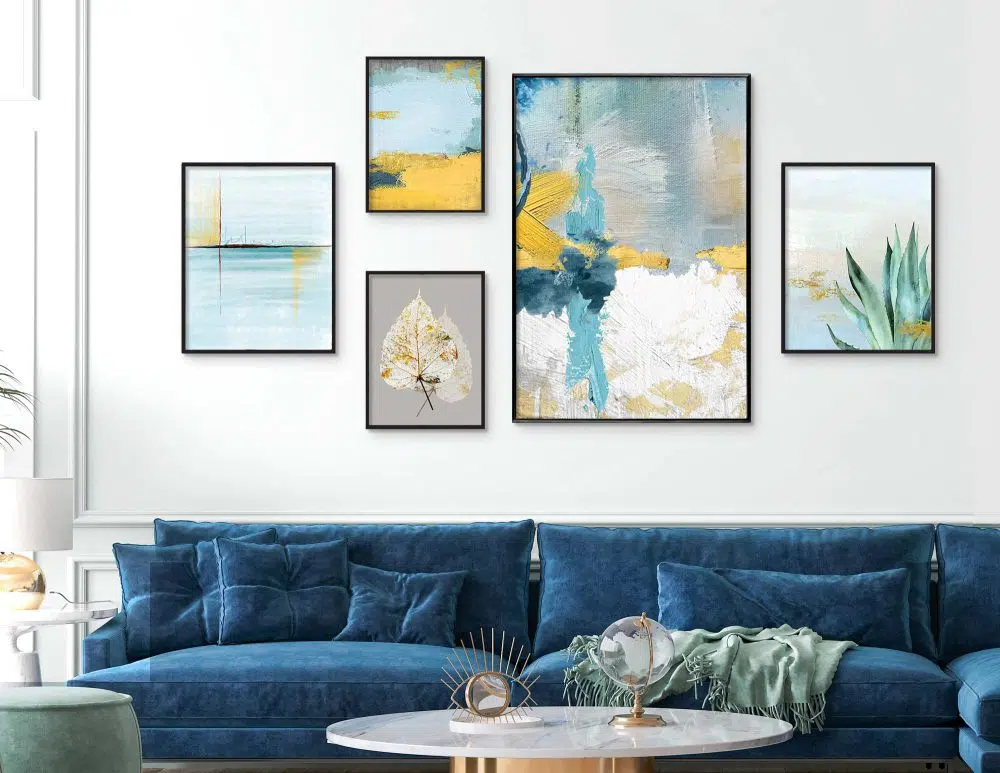 ⁦קולאז׳ תמונות Blue Yellow Gallery - חמישה הדפסי נייר ללא מסגרת בפורמט מלבני בגווני כחול ירוק צהוב⁩ – תמונה ⁦2⁩