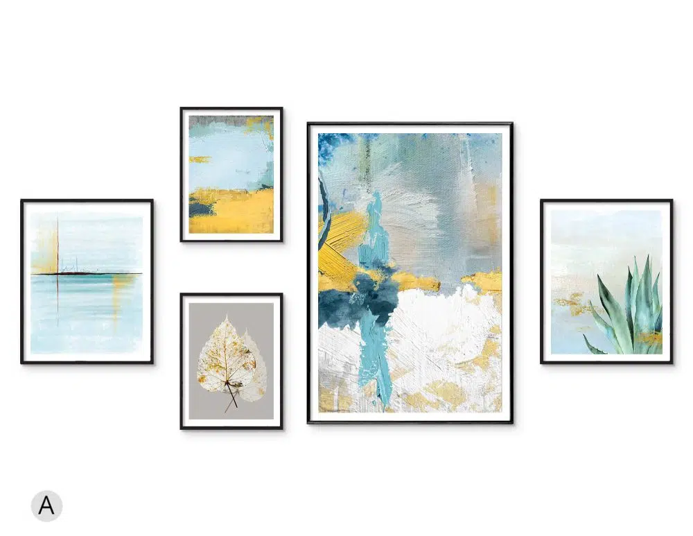 ⁦קולאז׳ תמונות Blue Yellow Gallery - חמישה הדפסי נייר ממוסגרים בפורמט מלבני בגווני כחול ירוק צהוב⁩ – תמונה ⁦4⁩