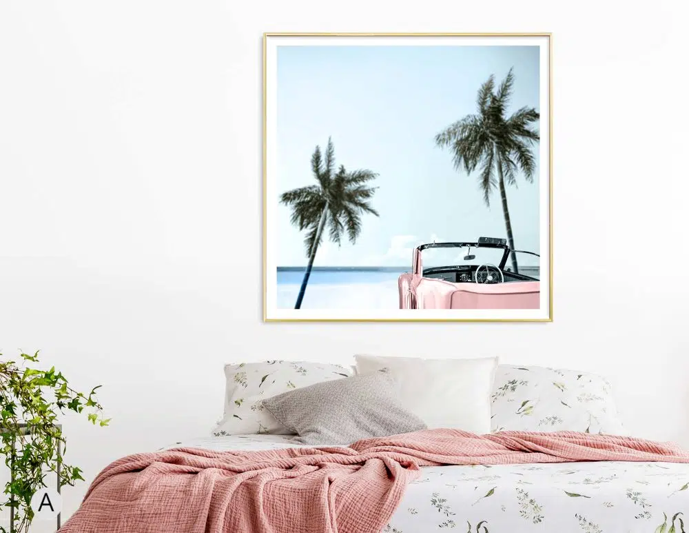 תמונה לבית Pink Vacation Mode - הדפס נייר ממוסגר בפורמט ריבועי בגווני ורוד כחול