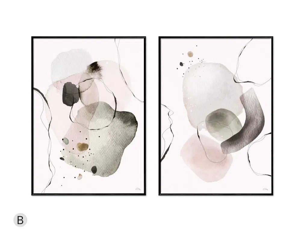 ⁦תמונות לסלון Slow Living Duo - שני הדפסי נייר ממוסגרים בפורמט מלבני בגווני ורוד פודרה ירוק⁩ – תמונה ⁦3⁩