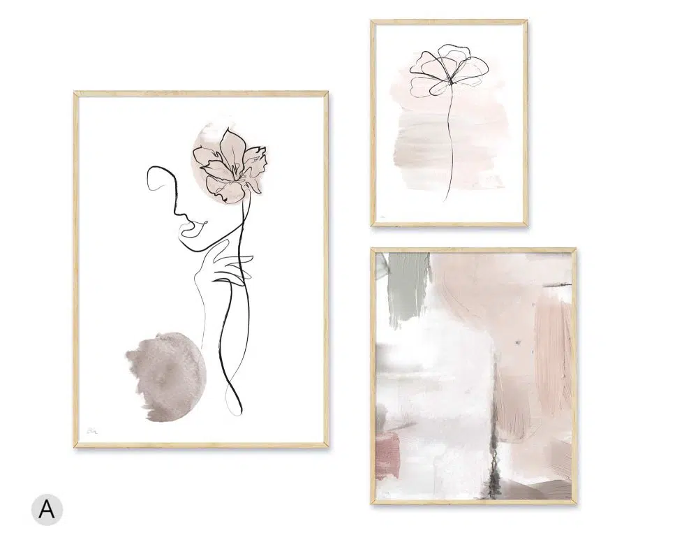 ⁦תמונות לחדר שינה Delicate Mood Trio - שלושה הדפסי נייר ממוסגרים בפורמט מלבני בגווני בז׳ ורוד עתיק⁩ – תמונה ⁦4⁩