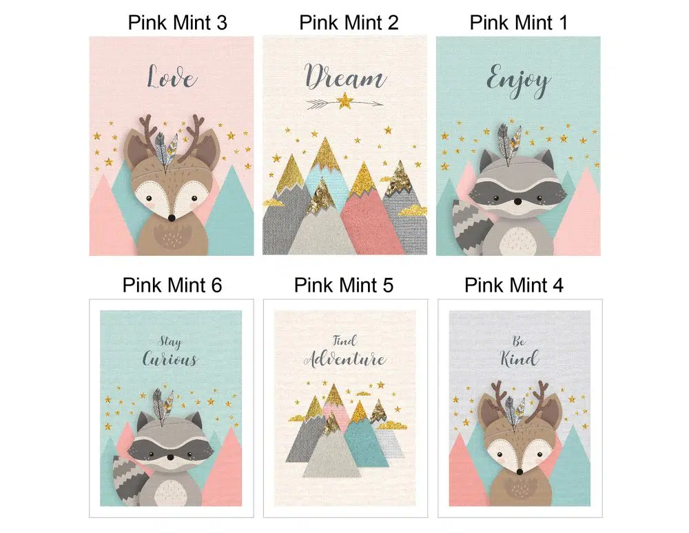 תמונות לחדר ילדים Kids Pink Mint - הדפסי נייר ללא מסגרות בגודל 30/40 ס״מ בגווני ורוד מנטה - אחרונים במלאי