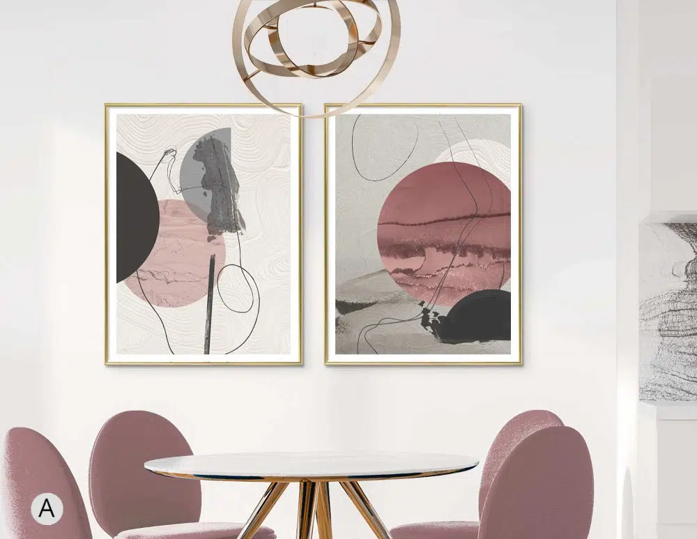 תמונות לחדר שינה Geo-shapes Duo Pink - שני הדפסי נייר ללא מסגרת בפורמט מלבני בגווני ורוד עתיק