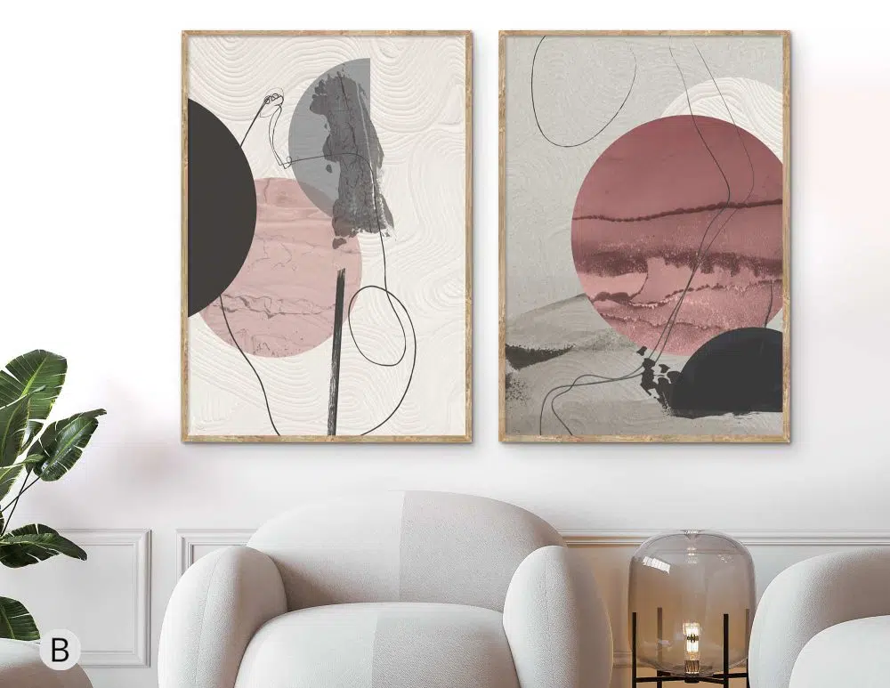 תמונות לסלון Geo-shapes Duo Pink - שני הדפסי קנבס ממוסגרים בפורמט מלבני בגווני ורוד עתיק